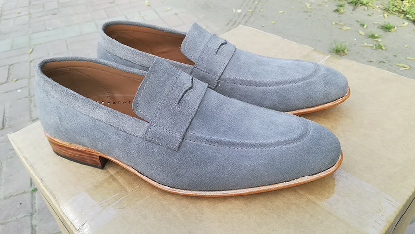 Handmade Men's Gray Suede Penny Loafers, Men Designer Dress Fashion Shoes