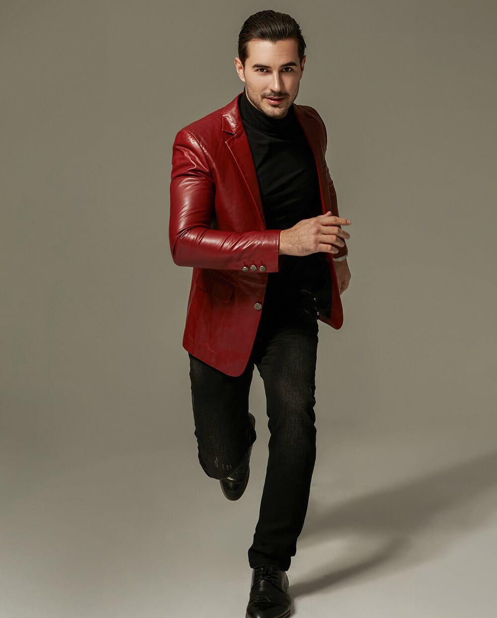 Classic Red Buttoned Goatskin Blazer Leather Jacket