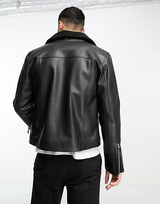 Faux leather shearling biker jacket in black