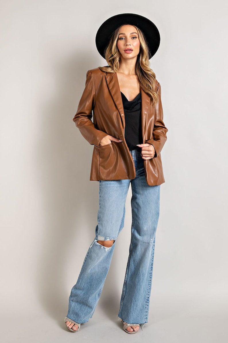 Women Brown Leather Blazer