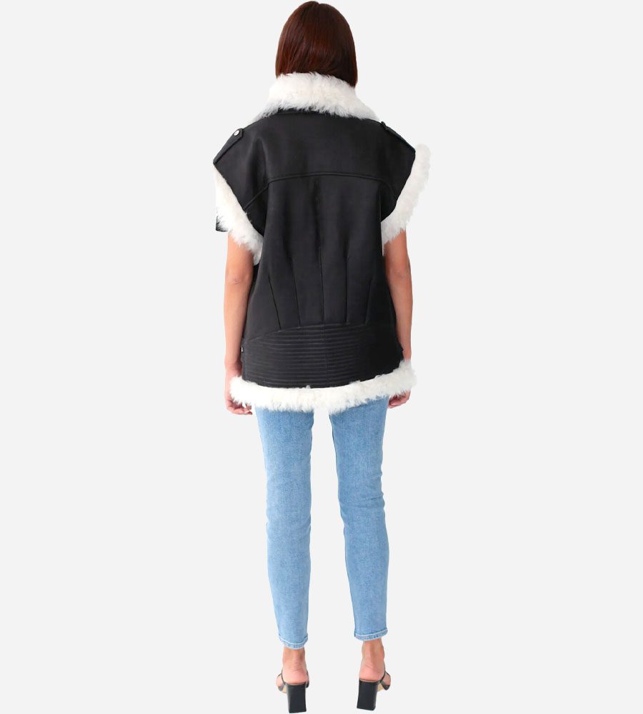 Women's Shearling Leather Vest In Black