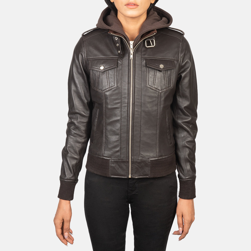 Roslyn Brown Hooded Leather Bomber Jacket - Kualited