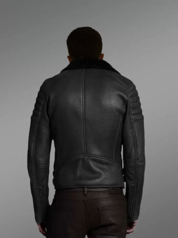 Authentic Black Shearling Jacket With Suede Texture And a Smart Style