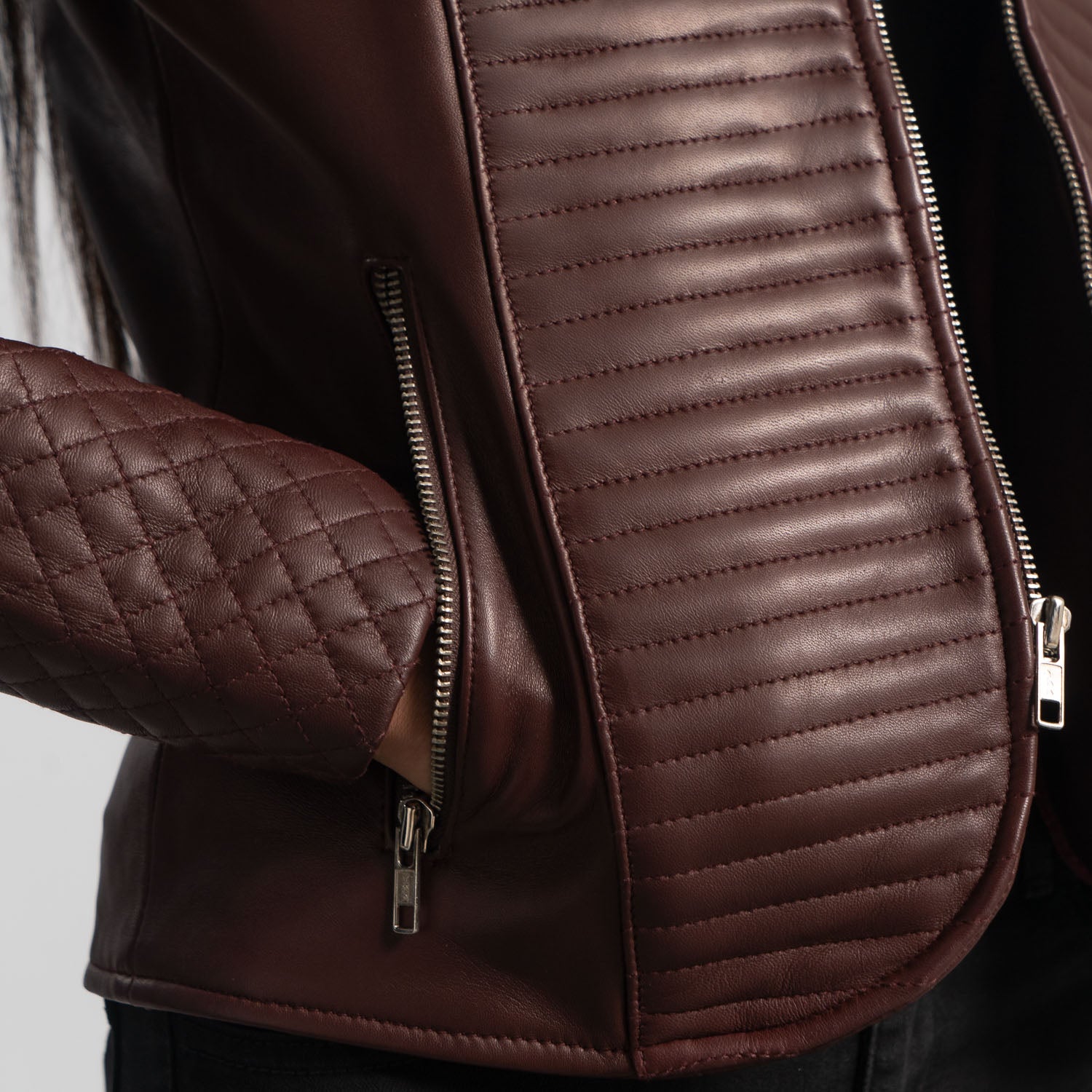 Nexi Quilted Maroon Leather Biker Jacket