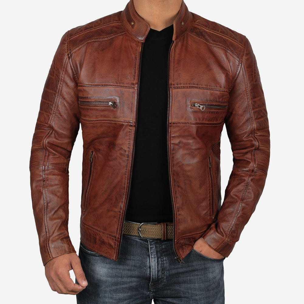 Austin Mens Distressed Brown Leather Cafe Racer Jacket