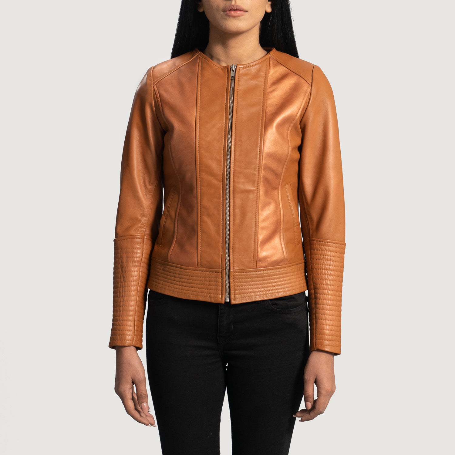 Sleeky Clean Tan Leather Biker Jacket - Kualited