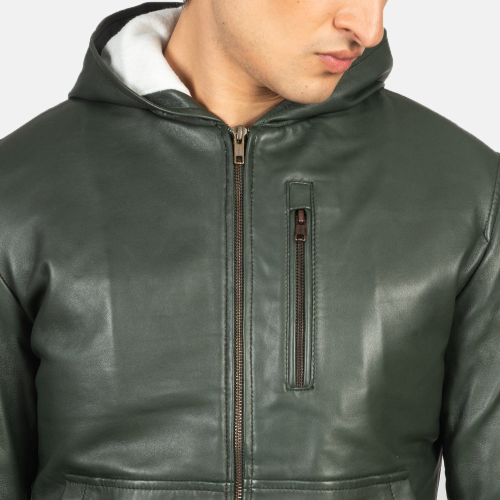 Baston Green Hooded Leather Bomber Jacket