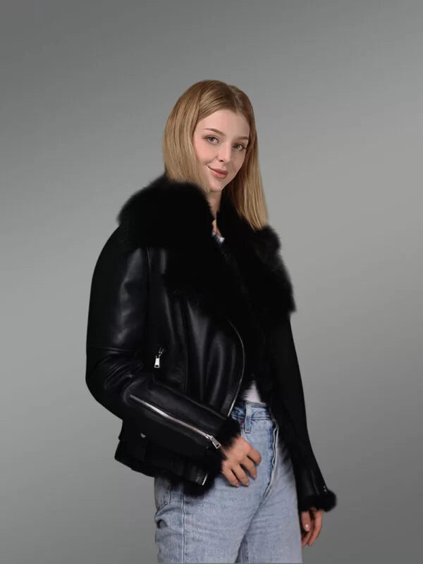 Toscana Shearling Jacket for Women in Black Nappa Finish