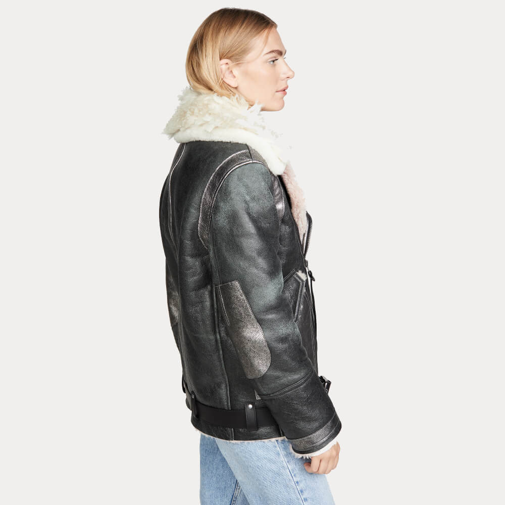 Black Oversized Shearling Aviator Leather Jacket