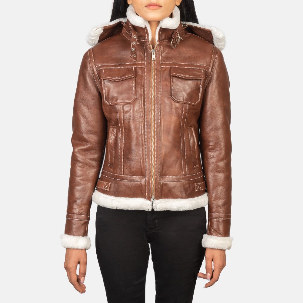 Fiona Brown Hooded Shearling Leather Jacket - Kualited