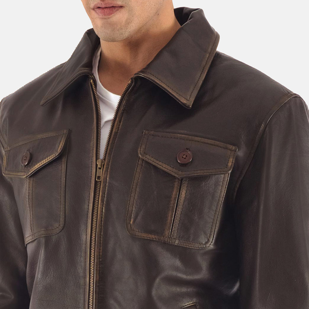 Aaron 100% Pure Genuine Real Leather Brown Leather Bomber Jacket - Kualited