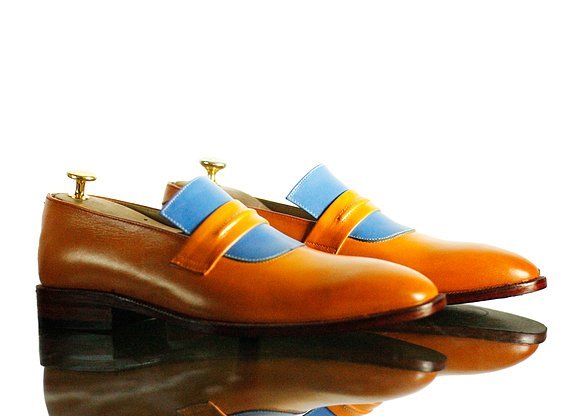 Handmade Men's Tan Blue Leather Penny Loafer Shoes, Men Dress Fashion Shoes