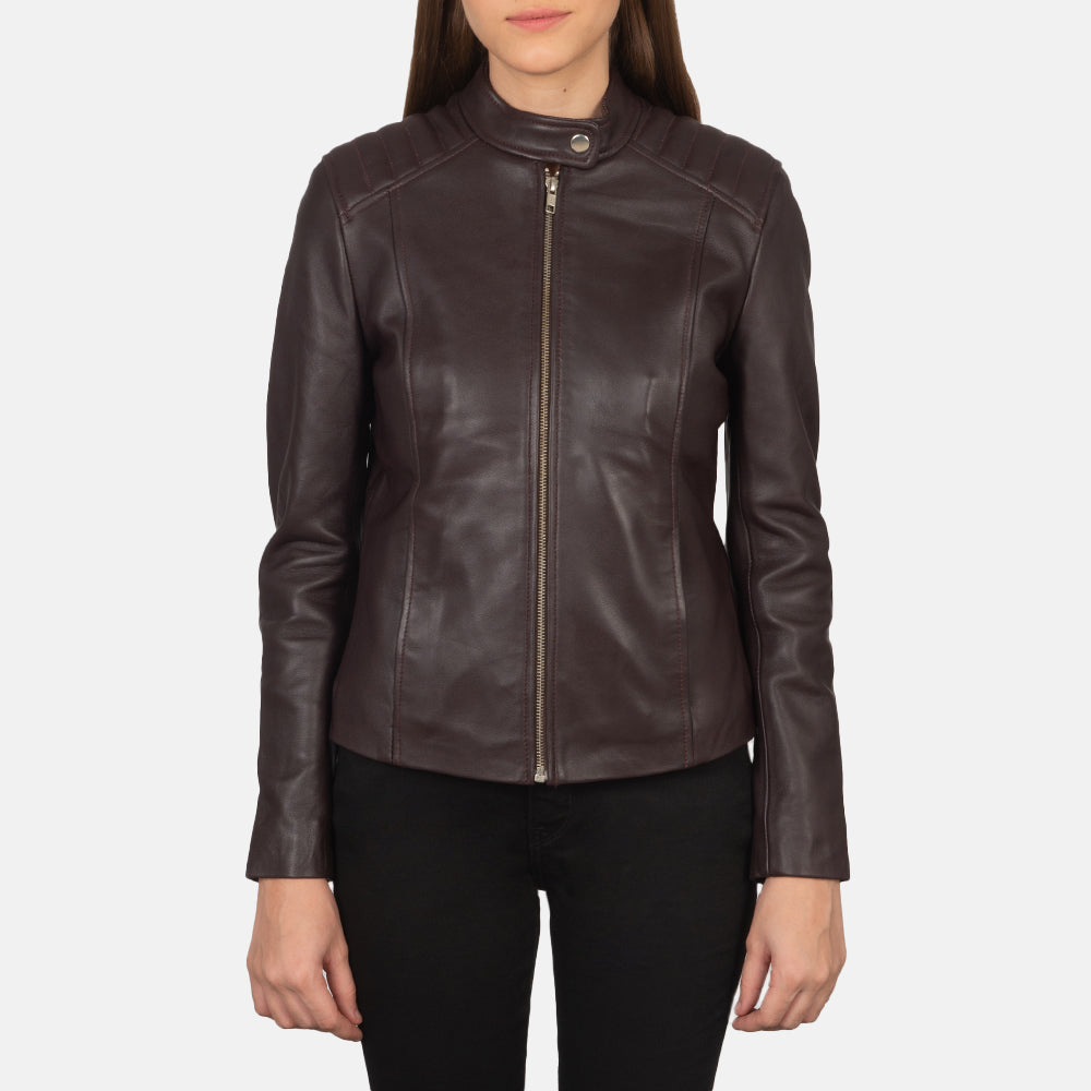 Kelsee Maroon Leather Biker Jacket - Kualited