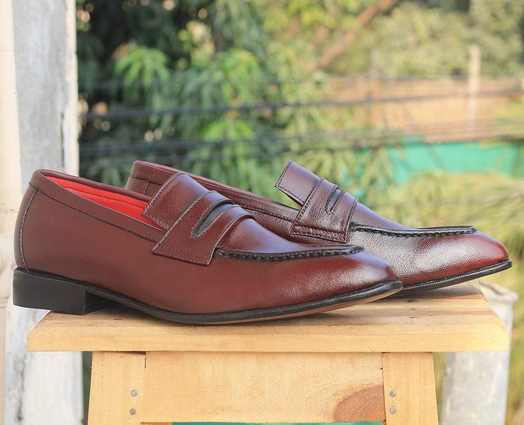 Handmade Men's Burgundy Leather Penny Loafer Shoes, Men Dress Fashion Shoes