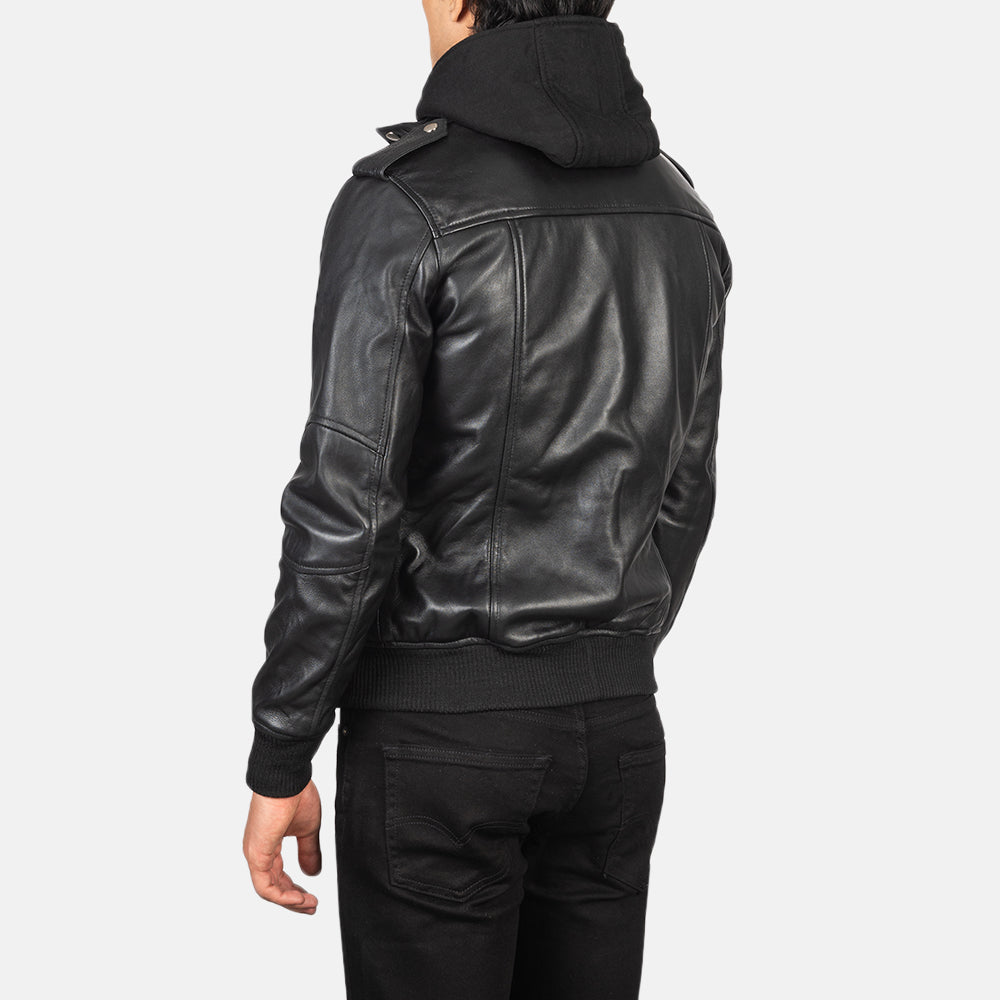 Bravado Black Hooded Leather Bomber Jacket - Kualited