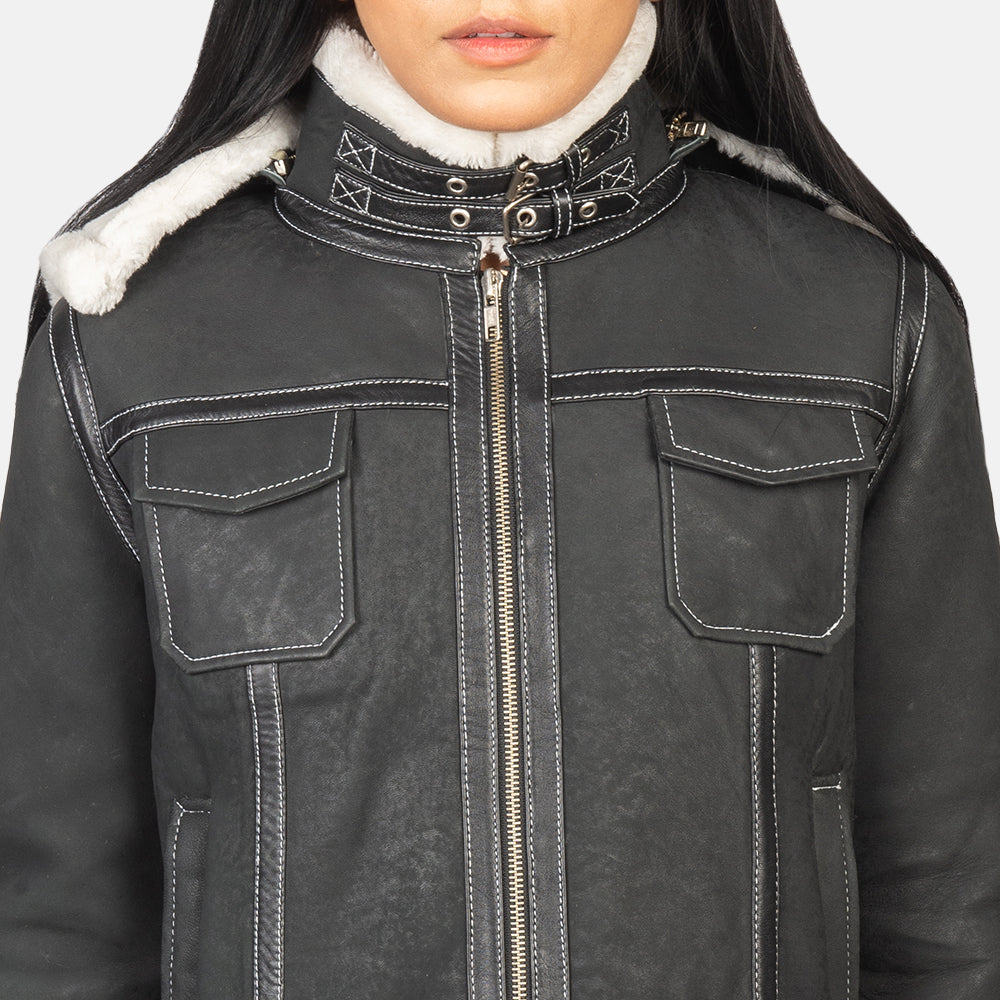 Fiona Black Hooded Shearling Leather Jacket