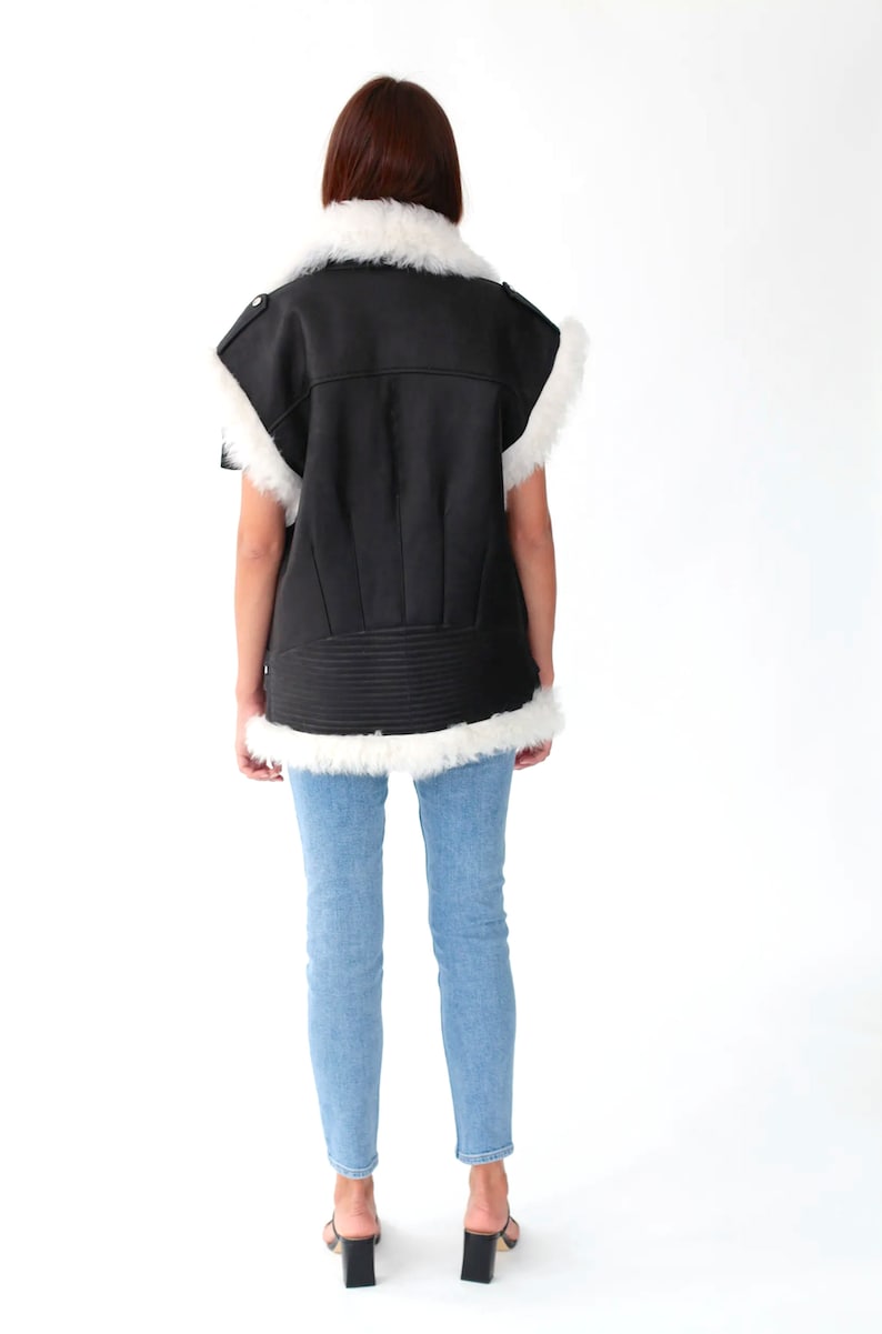 Black and White Shearling Vest with Leather Finish