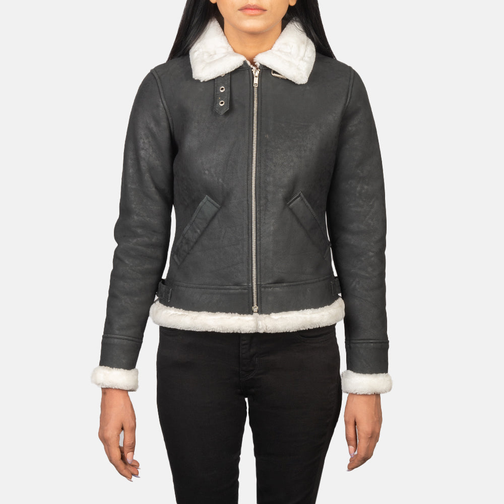 Sherilyn B-3 Black & White Leather Bomber Jacket - Kualited