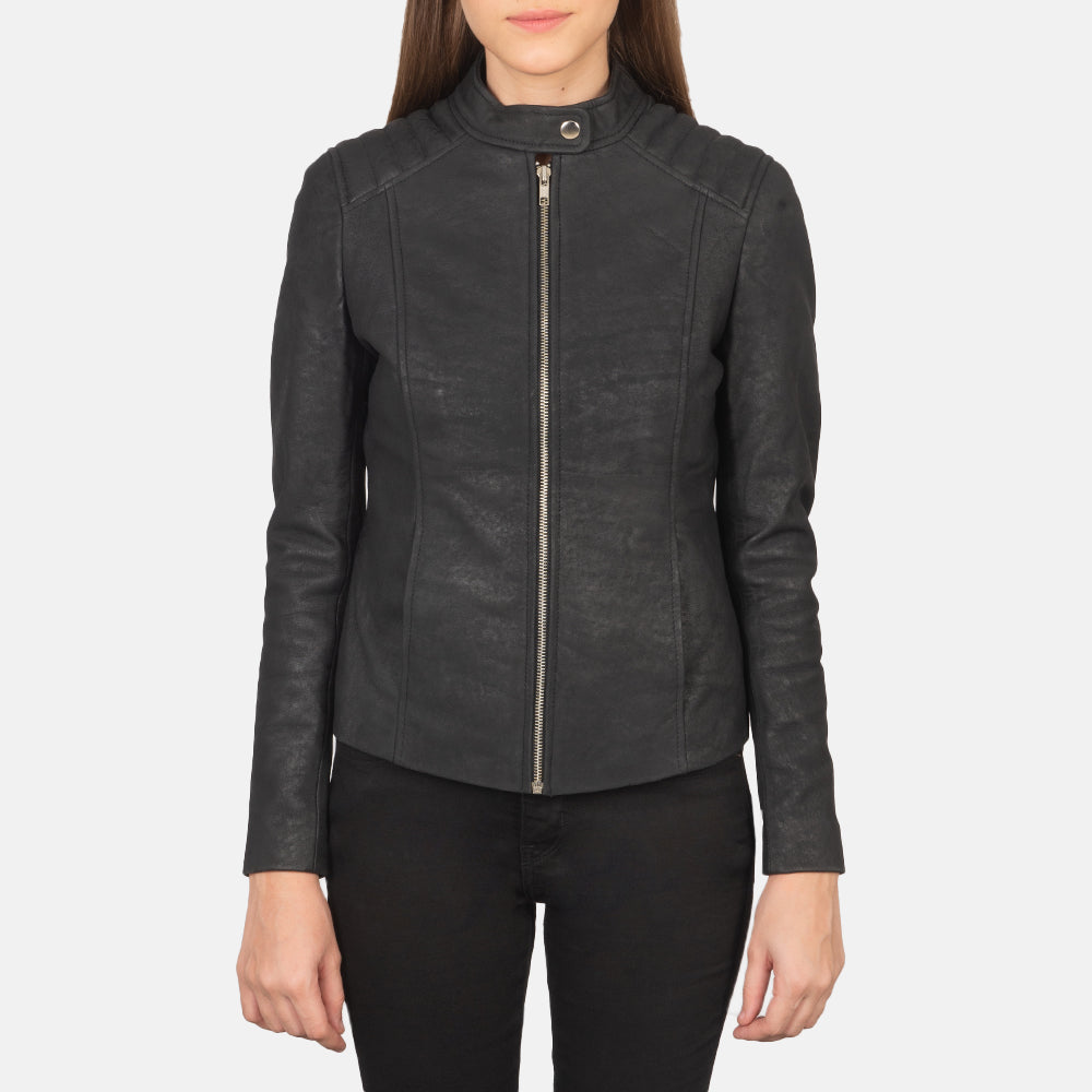 Kelsee Distressed Black Leather Biker Jacket - Kualited