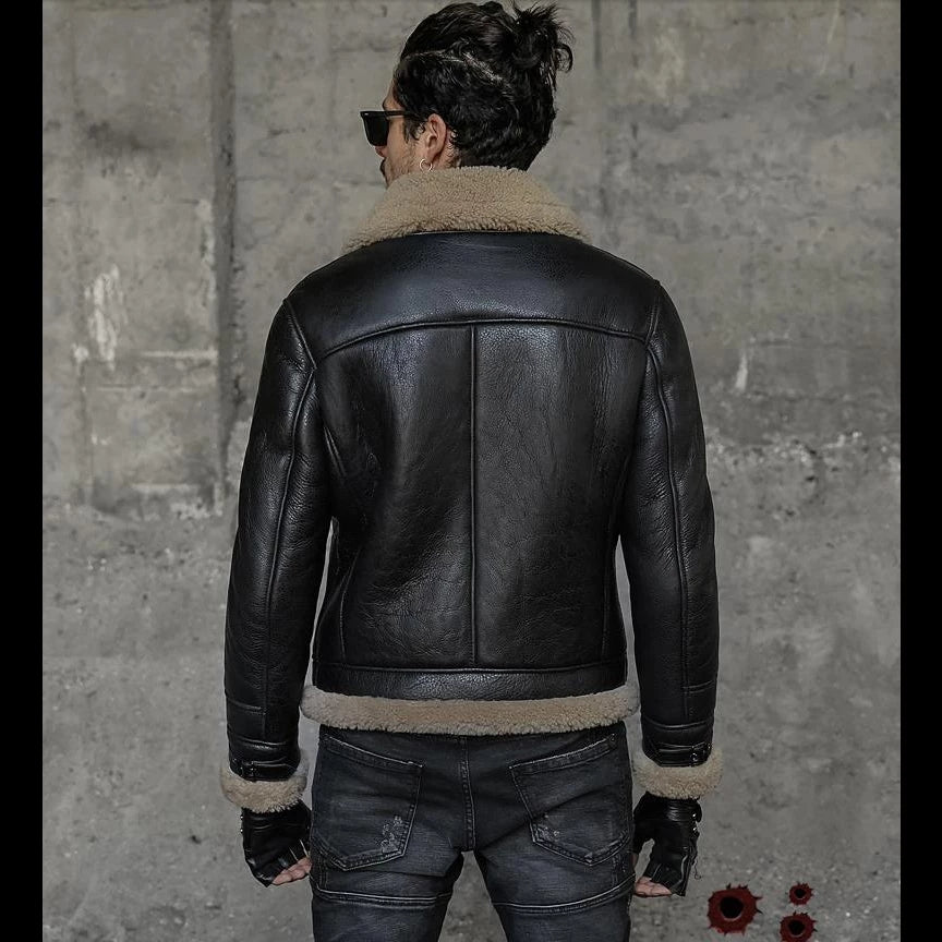 Men’s Black Leather Shearling Big Collar Biker Jacket