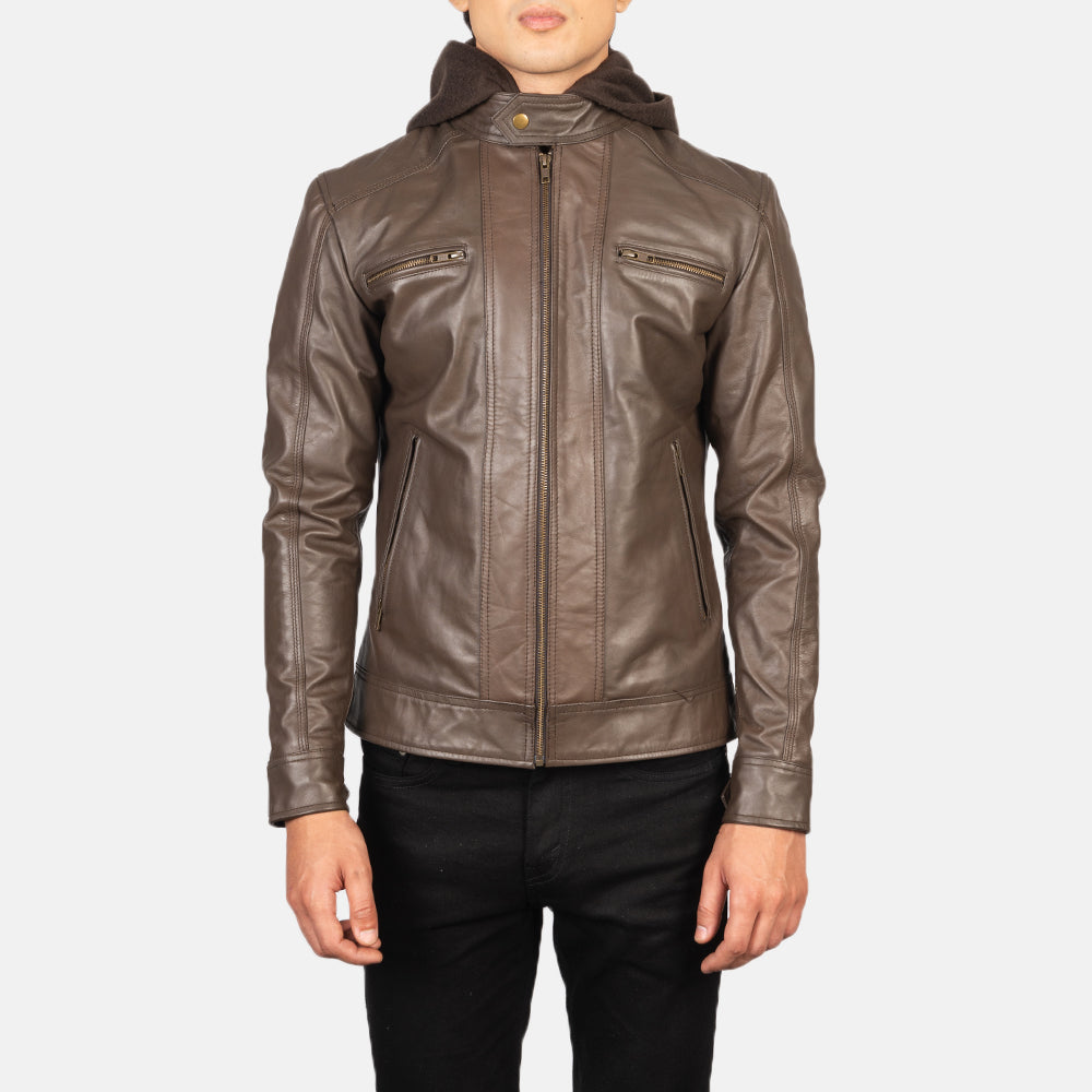 Hector Brown Hooded Leather Biker Jacket - Kualited