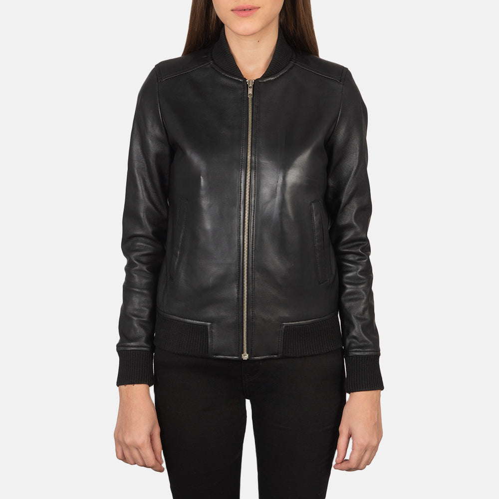 Bliss Black Leather Bomber Jacket - Kualited