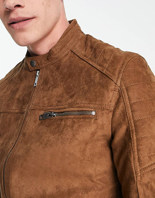 Essentials biker jacket in faux suede tan