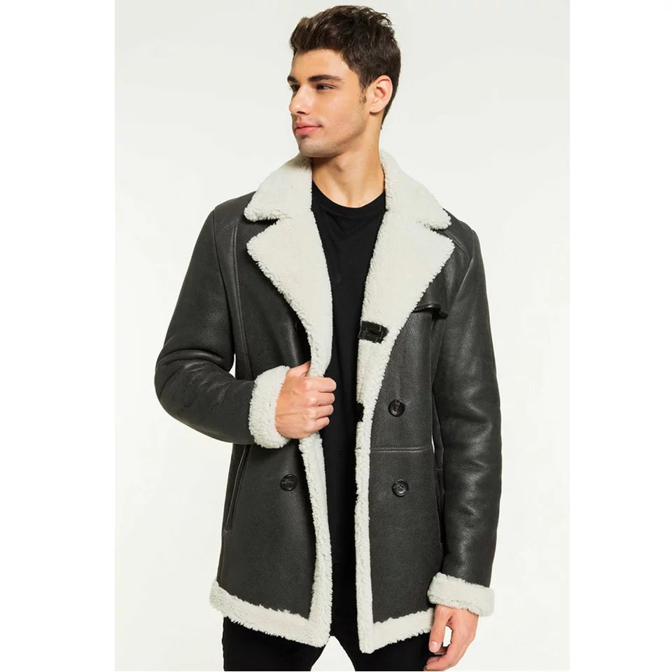 Men’s Black Leather White Shearling Long Coat - Kualited