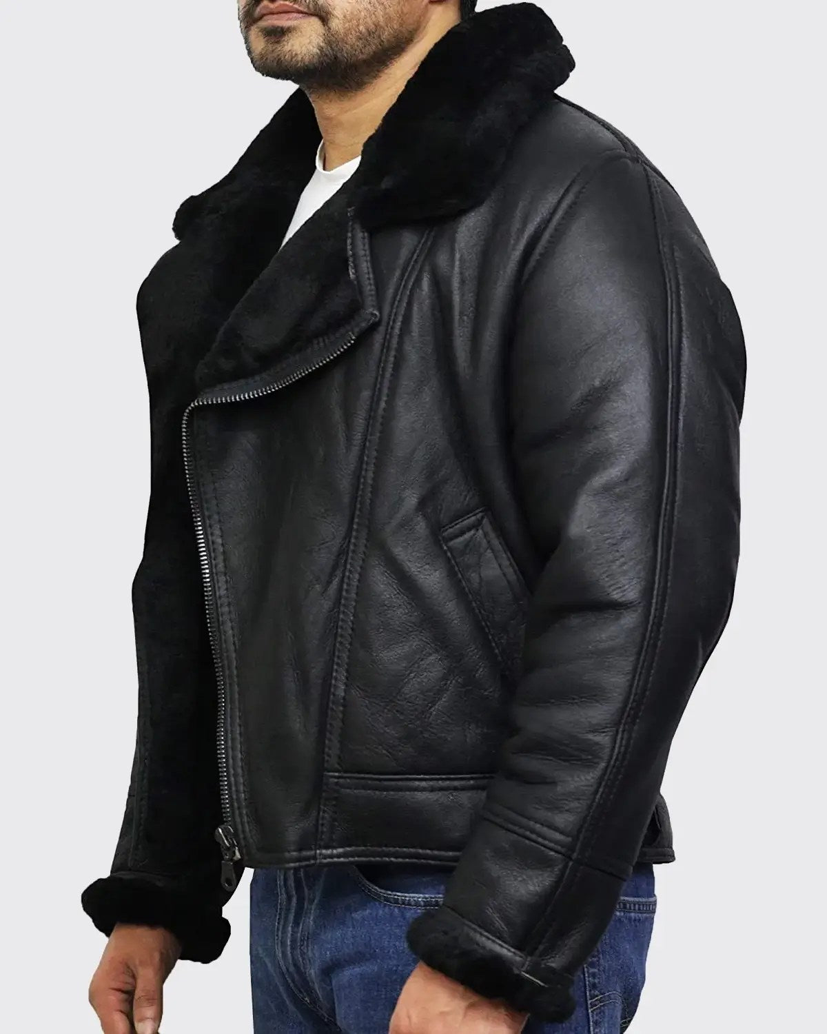 Men’s Black Biker B3 Bomber Sheepskin Shearling Jacket