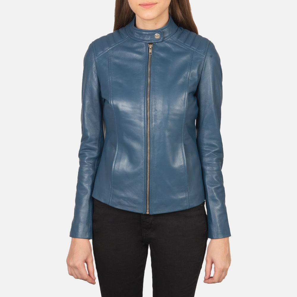 Kelsee Blue Leather Biker Jacket - Kualited