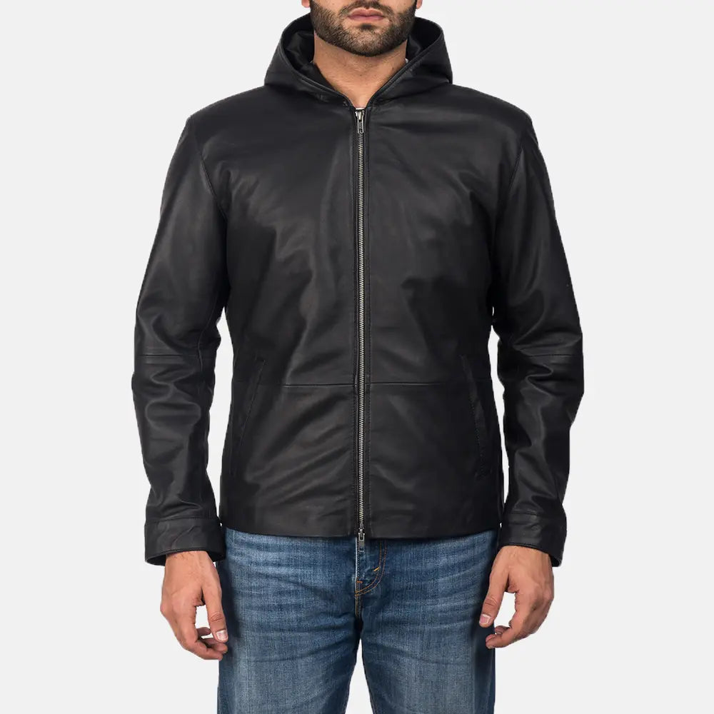 Andy Matte Black Hooded Leather Jacket - Kualited