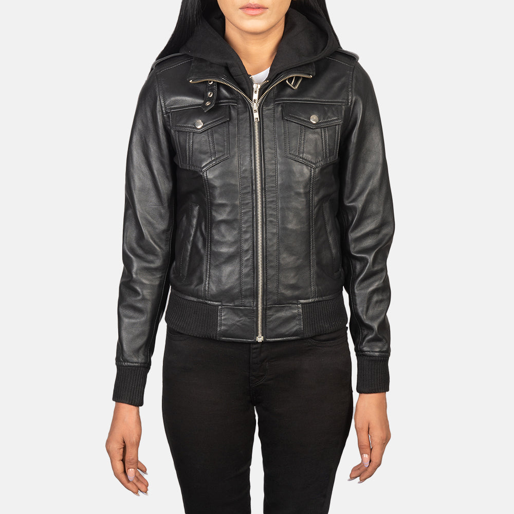 Roslyn Black Hooded Leather Bomber Jacket - Kualited