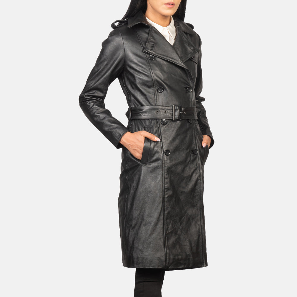 Alice Black Double Breasted Leather Coat - Kualited