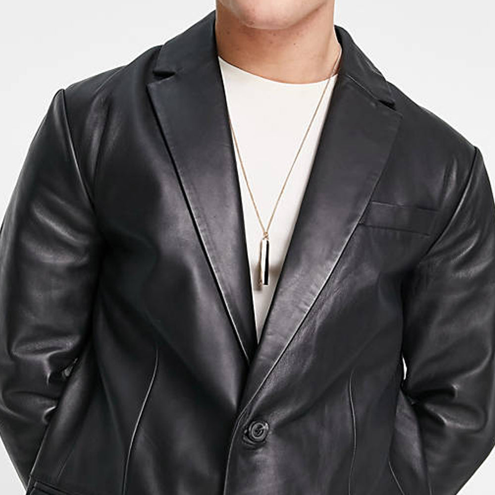 Leather boxy slim blazer in black