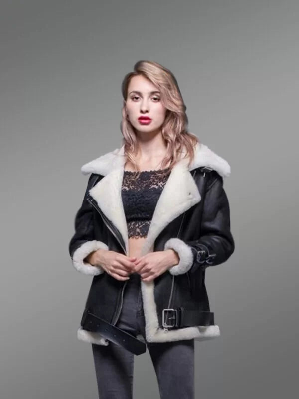 Sheepskin Shearling Jacket for Women in Nappa Black Finish