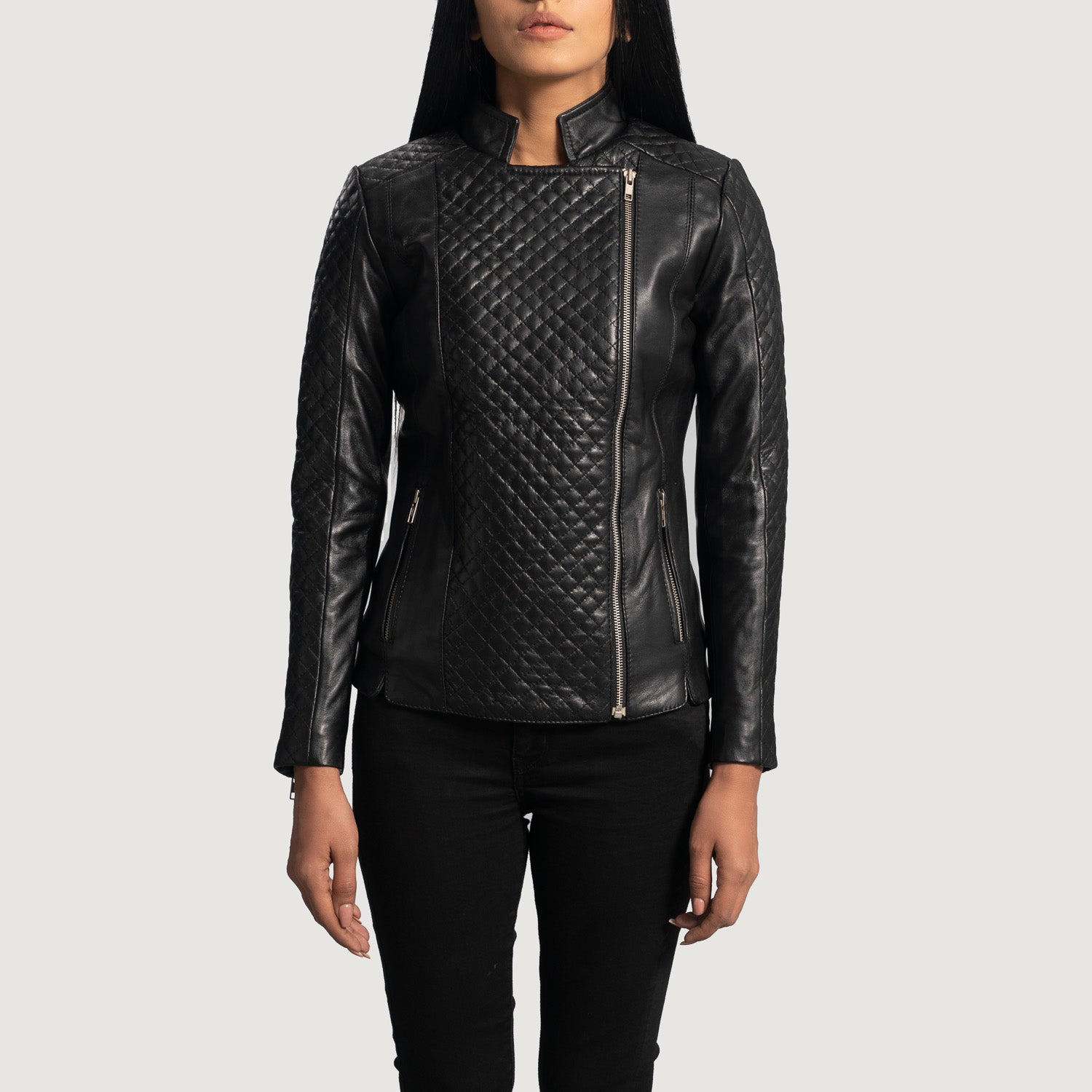 Orient Grain Quilted Black Leather Biker Jacket - Kualited