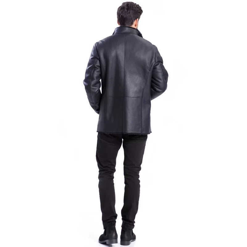 Men’s Black Leather Shearling Long Coat - Kualited