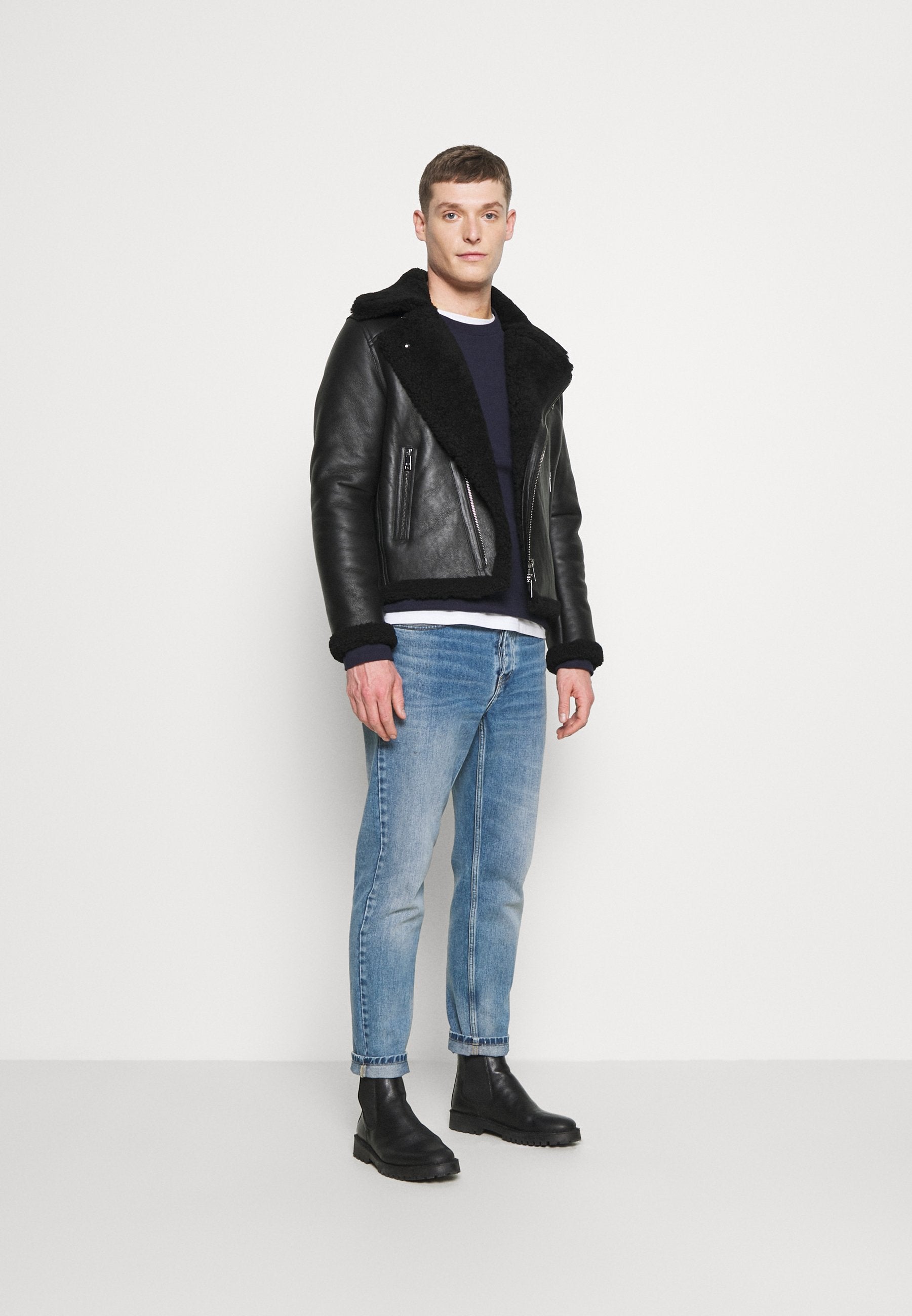 Men’s Biker Black Leather Shearling Jacket - Kualited