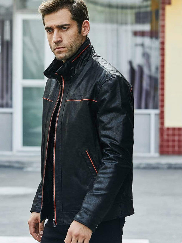 Men’s Black Leather Jacket With Red Stripes - Kualited