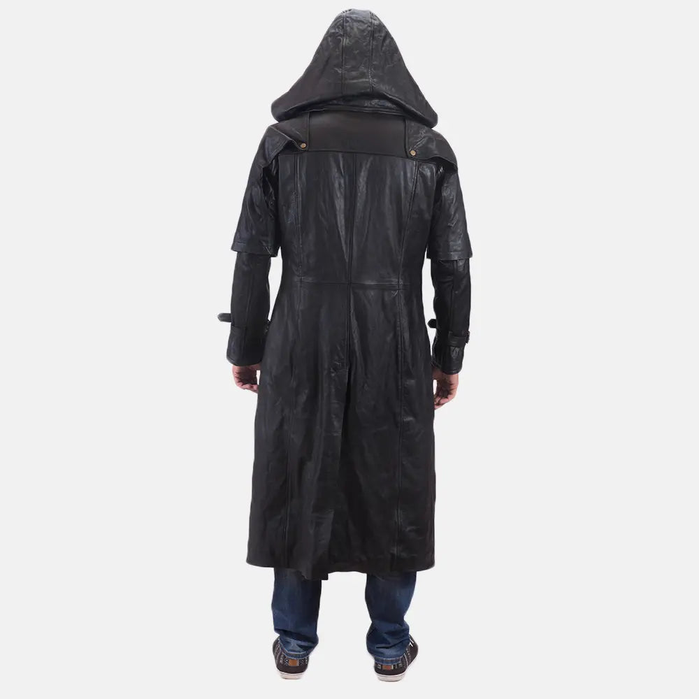 Huntsman Black Hooded Leather Trench Coat