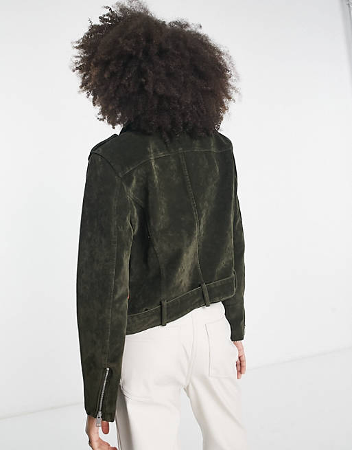 Faux suede belted biker jacket in olive