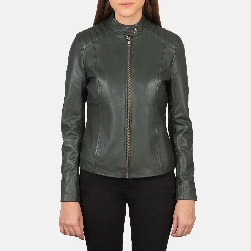 Kelsee Green Leather Biker Jacket - Kualited