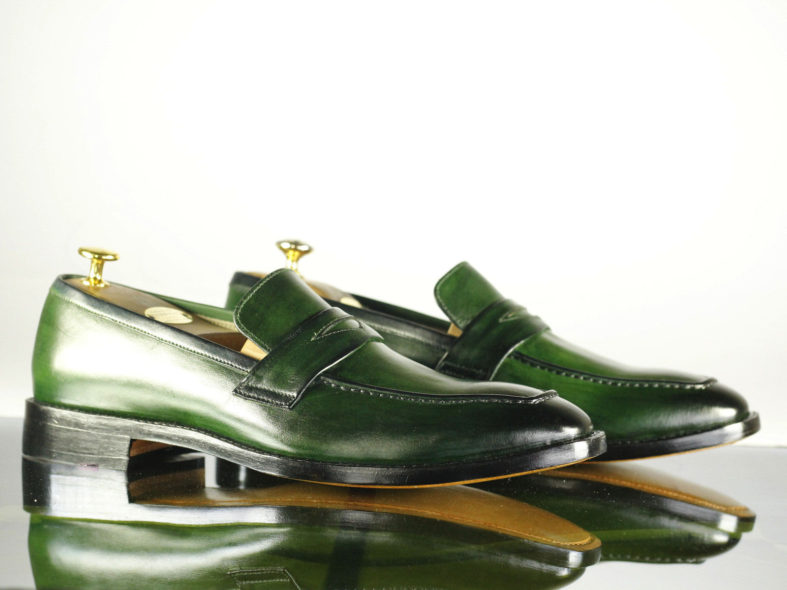 Handmade Men's Green Leather Penny Loafer Shoes, Men Designer Formal Dress Shoes