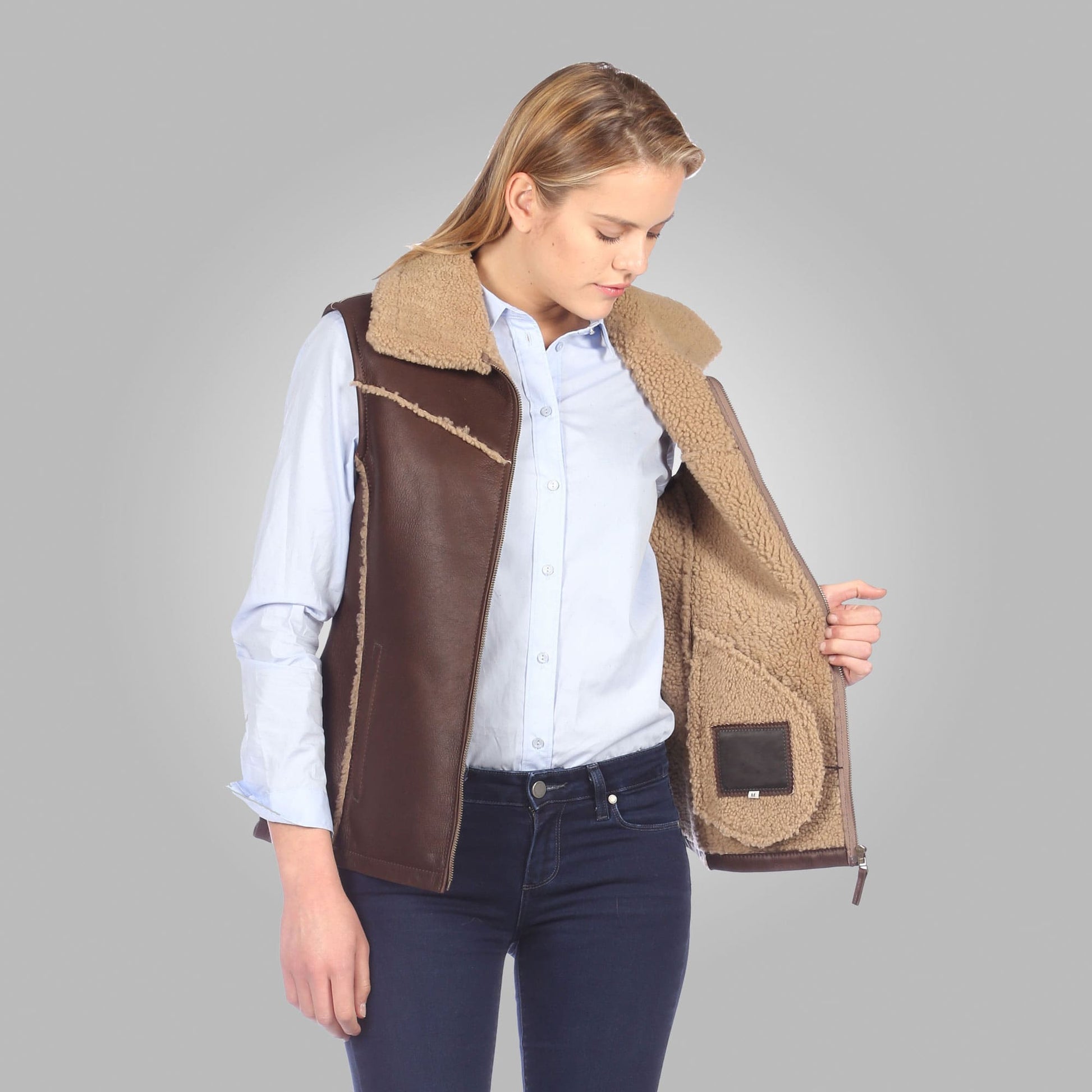 Women's Shearling Leather Biker Vest In Brown