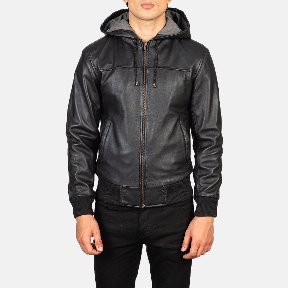 Nintenzo Black Hooded Leather Bomber Jacket - Kualited