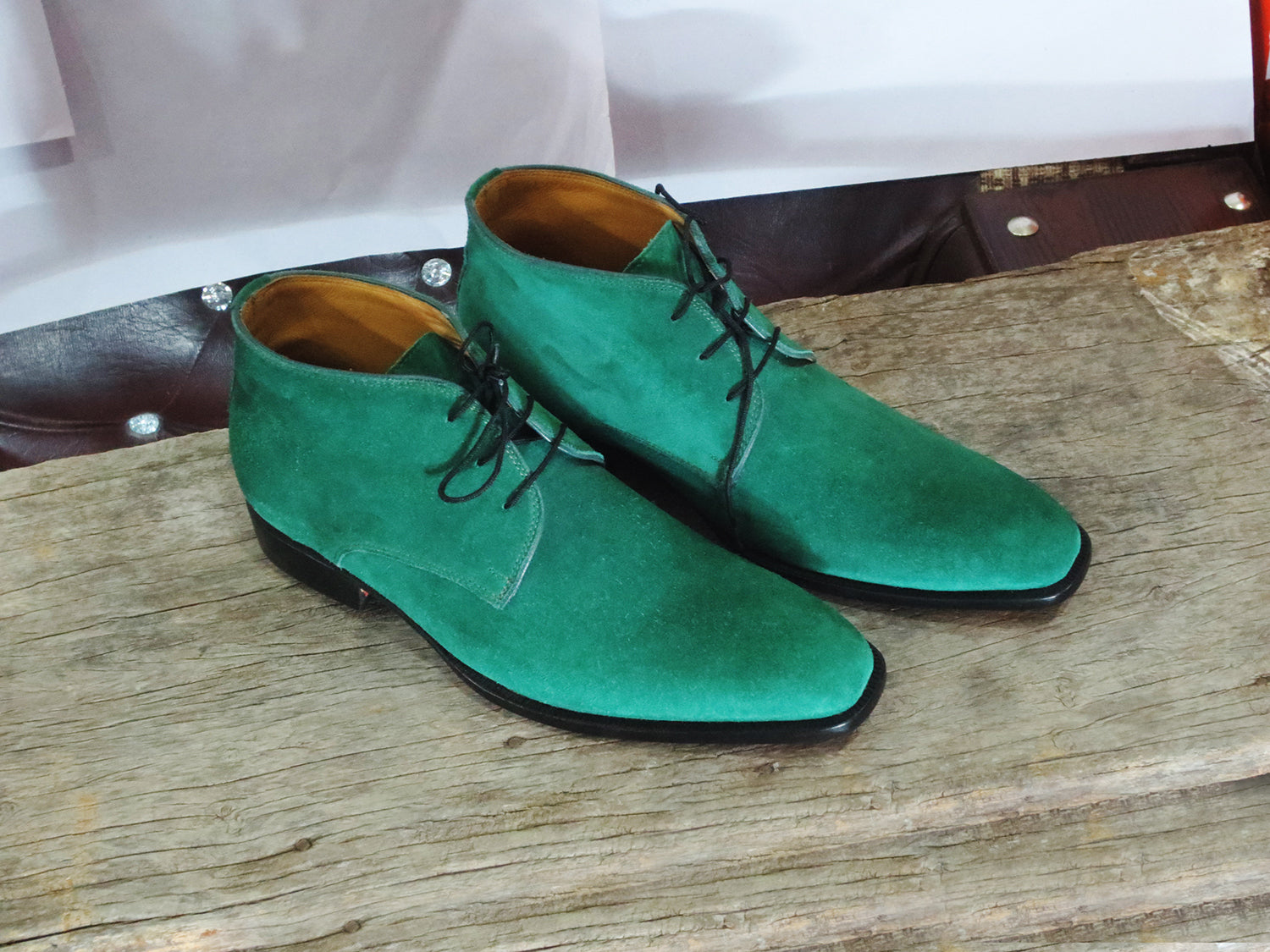 Plain Toe Sea Green Color Chukka Premium Suede Leather Men Party Wear Boots