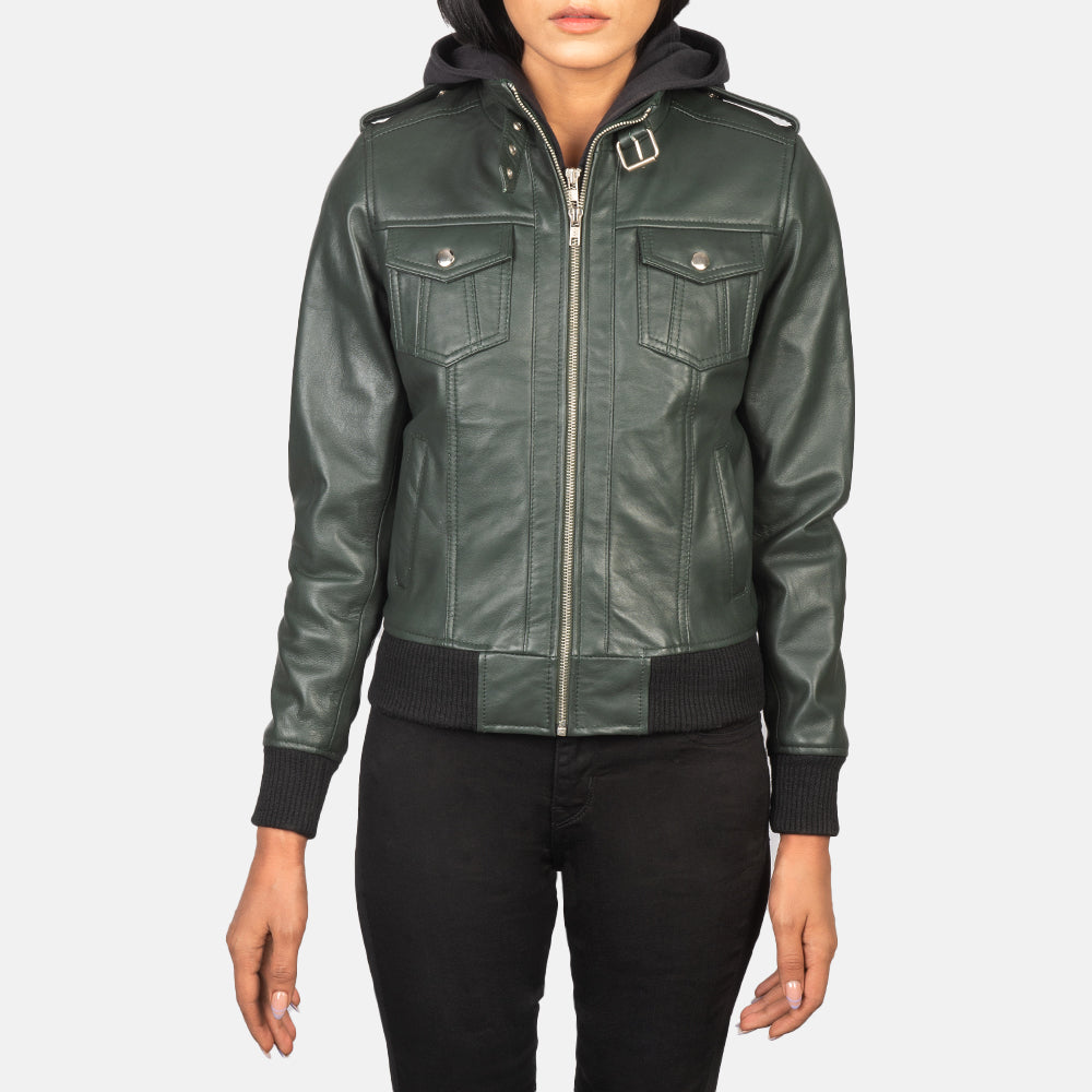 Roslyn Green Hooded Leather Bomber Jacket - Kualited