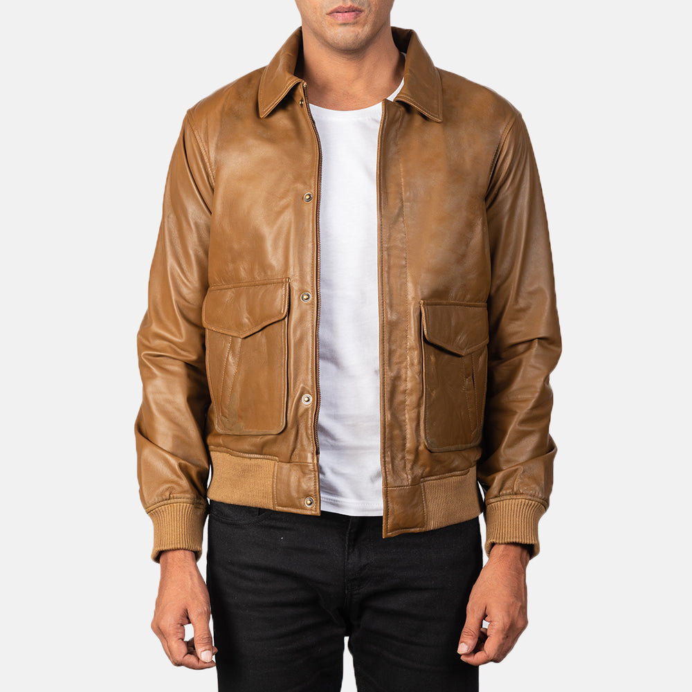 Coffmen Olive Brown A2 Leather Bomber Jacket - Kualited