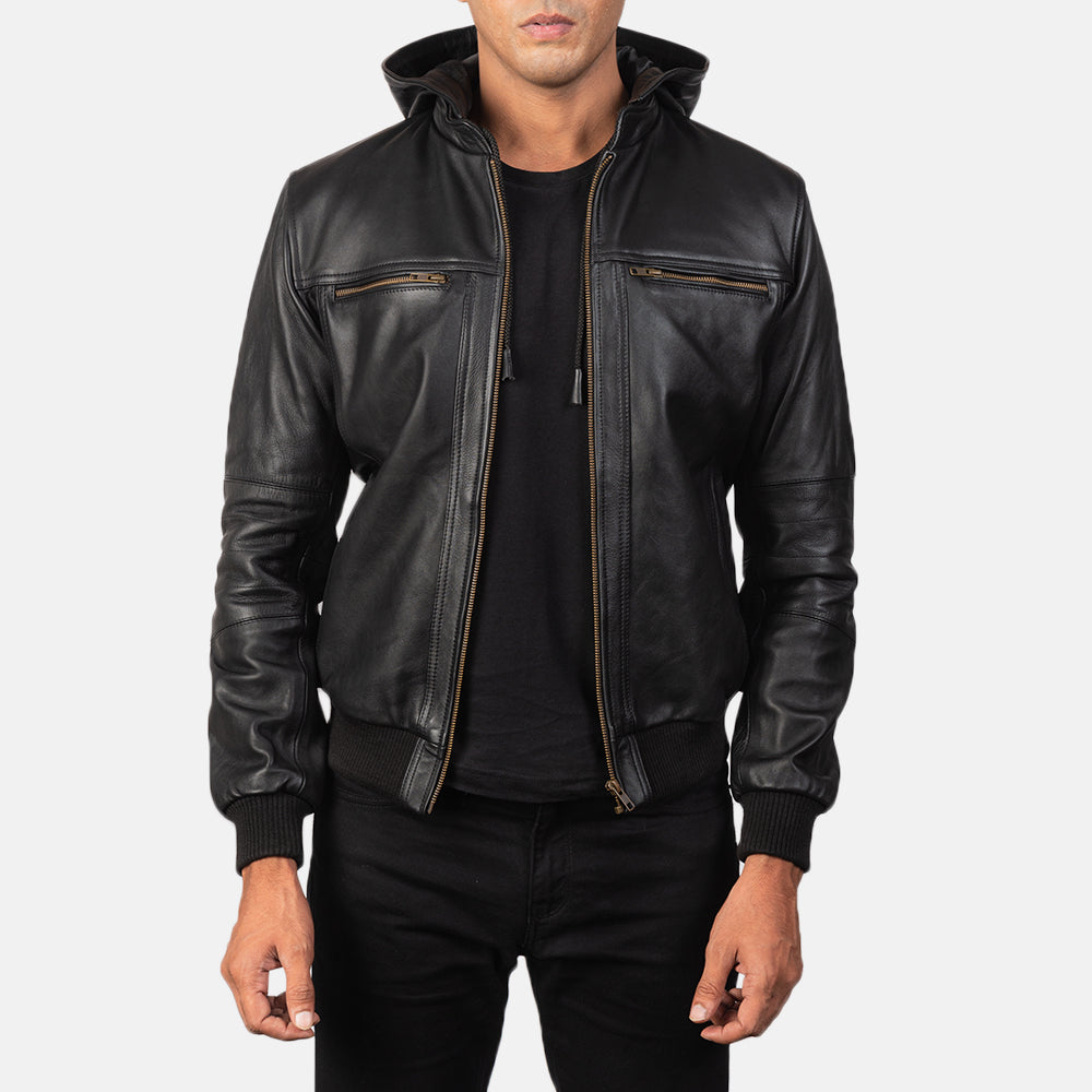 Bouncer Biz Black Leather Bomber Jacket - Kualited