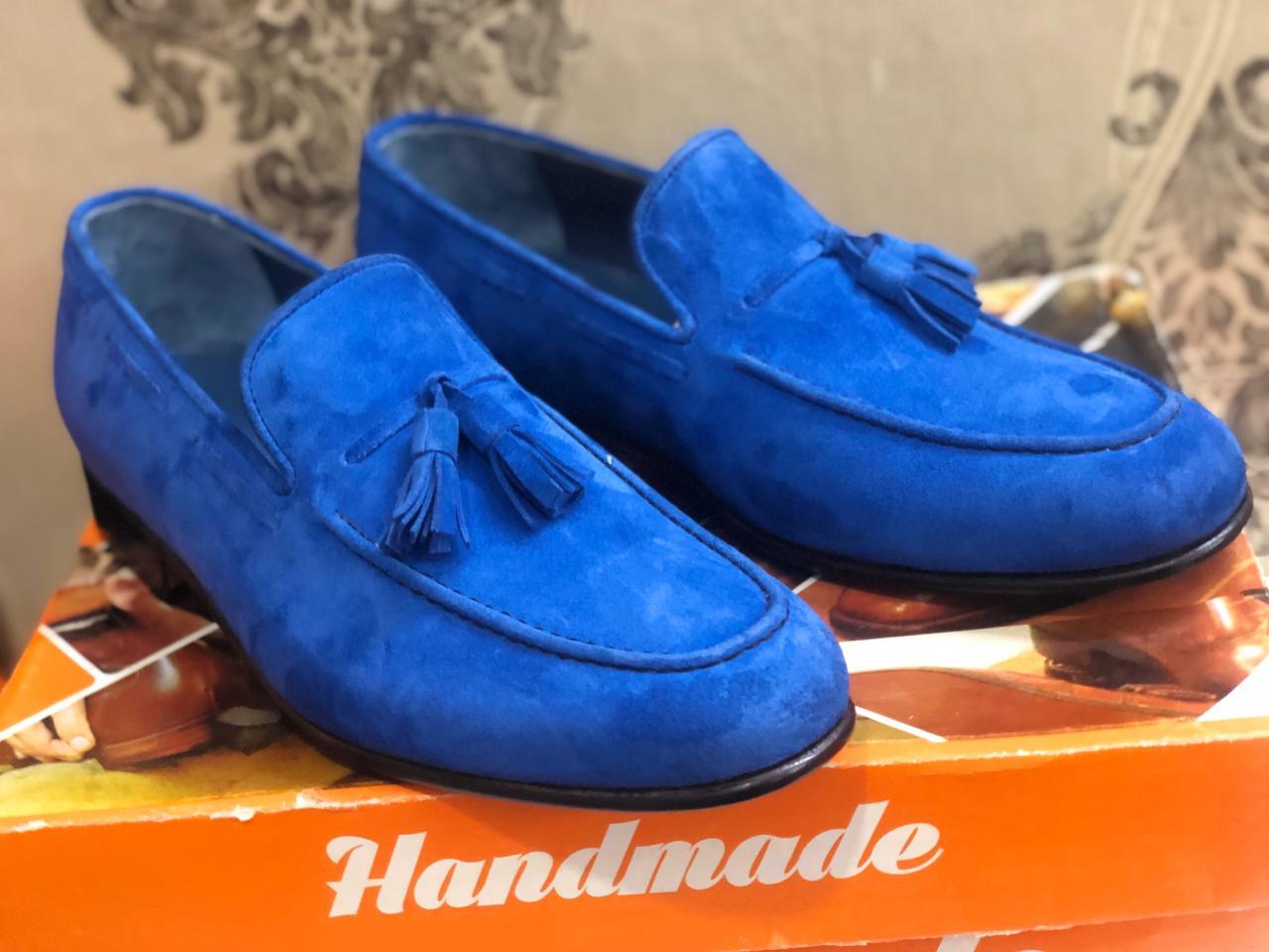 Handmade Men's Blue Suede Tassels Loafer Shoes, Men Designer Dress Formal Shoes